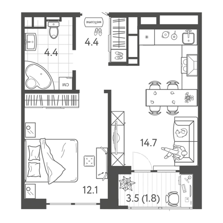 1 комнатная 37.4м²