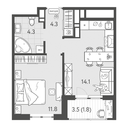 1 комнатная 36.3м²