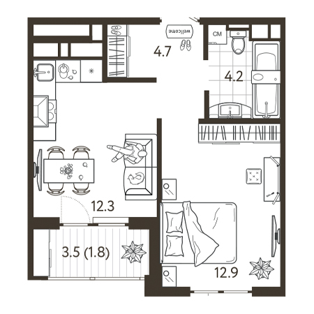 1 комнатная 35.9м²