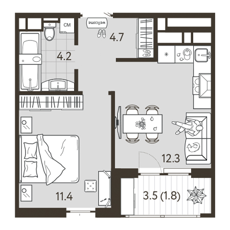 1 комнатная 34.4м²