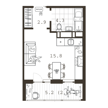 Студия 25.6м²