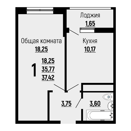 1 комнатная 37.42м²