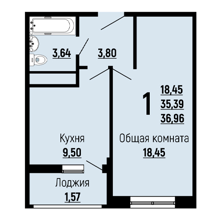 1 комнатная 36.96м²