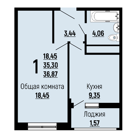 1 комнатная 36.87м²