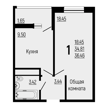 1 комнатная 36.46м²