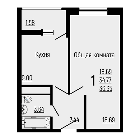 1 комнатная 36.35м²