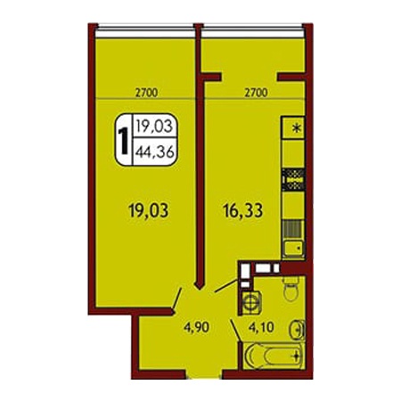 1 комнатная 44.36м²