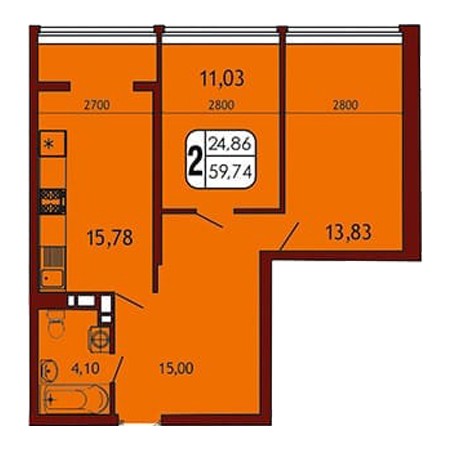 2 комнатная 59.74м²