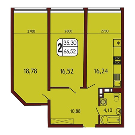 2 комнатная 66.52м²