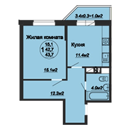 1 комнатная 43.7м²