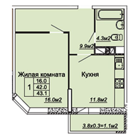 1 комнатная 43.1м²