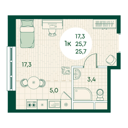 Студия 25.7м²