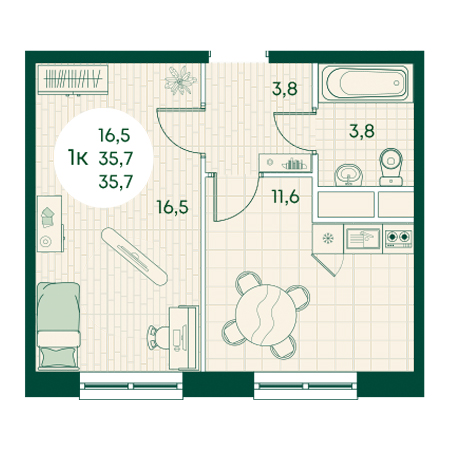 1 комнатная 35.7м²