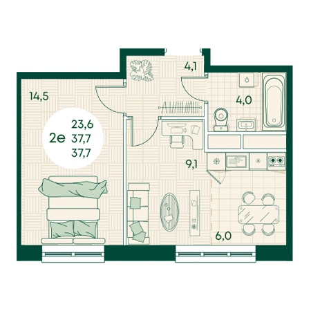 2 комнатная 37.7м²