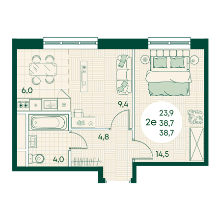 2 комнатная 38.7м²