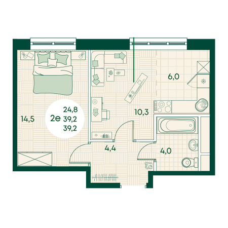 2 комнатная 39.2м²