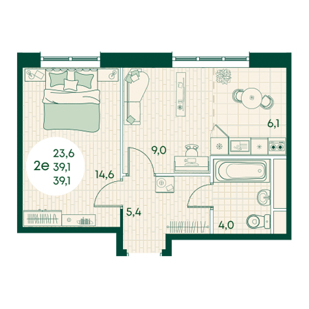 2 комнатная 39.1м²