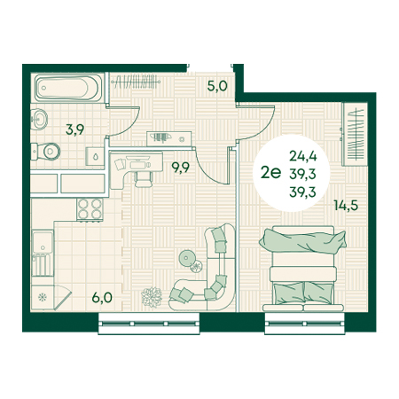 2 комнатная 39.3м²