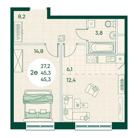 2 комнатная 45.3м²