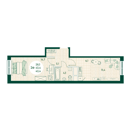 2 комнатная 43.4м²