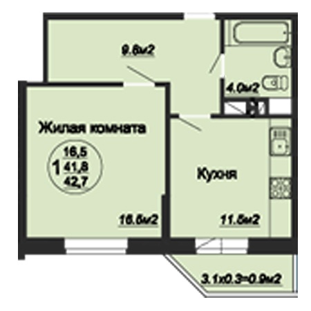 1 комнатная 42.7м²