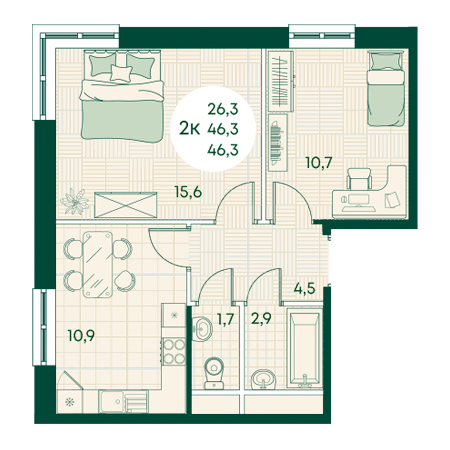 2 комнатная 46.3м²