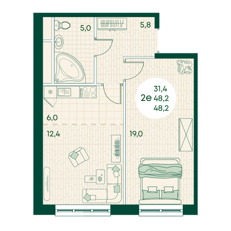 2 комнатная 48.2м²