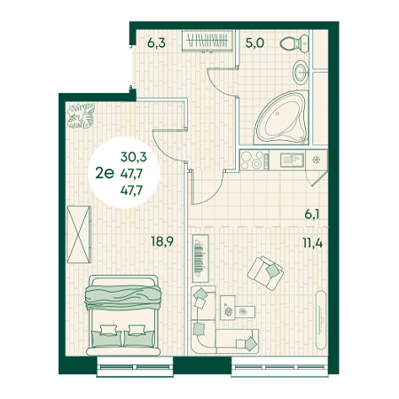 2 комнатная 47.7м²