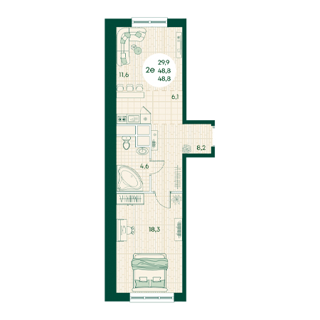 2 комнатная 48.8м²