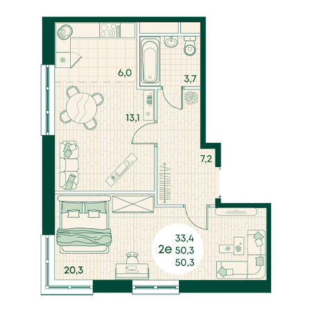 2 комнатная 50.3м²