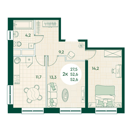 2 комнатная 52.6м²