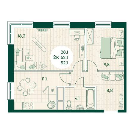 2 комнатная 52.1м²