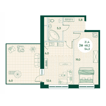 2 комнатная 54.2м²