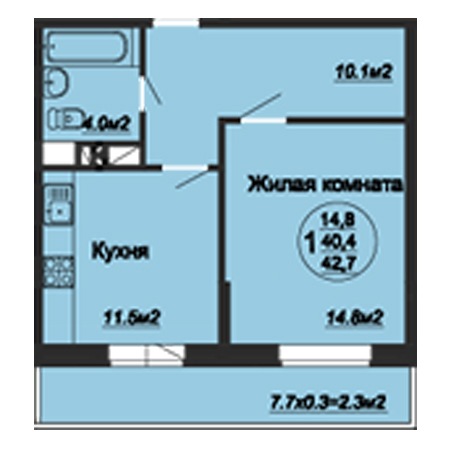 1 комнатная 42.7м²