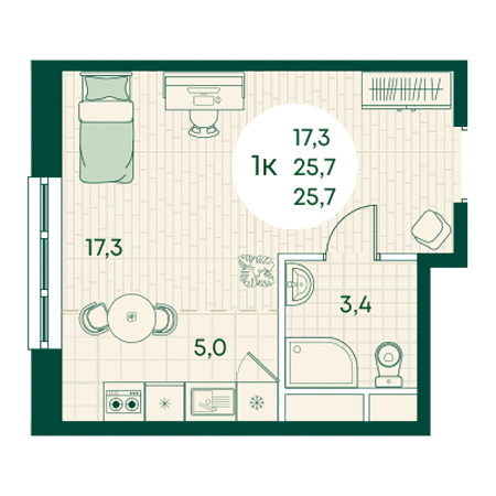 1 комнатная 25.7м²