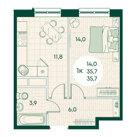 1 комнатная 35.7м²