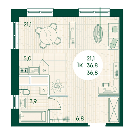 1 комнатная 36.8м²