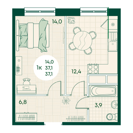 1 комнатная 37.1м²