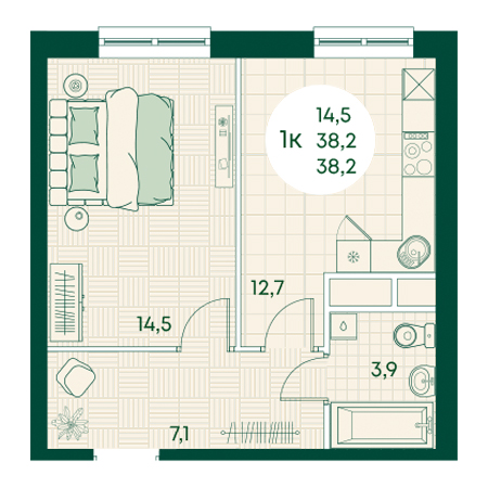 1 комнатная 38.2м²