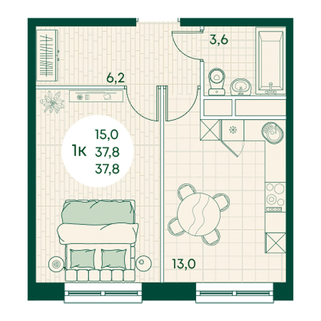 1 комнатная 37.8м²