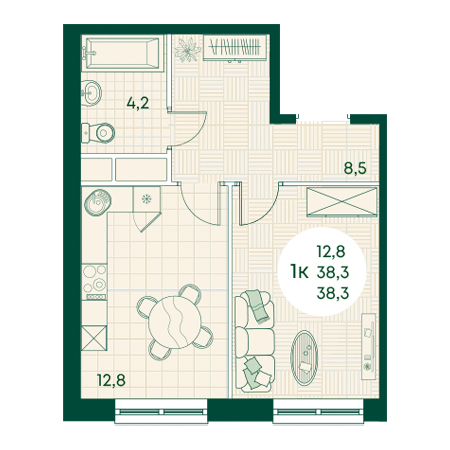 1 комнатная 38.3м²