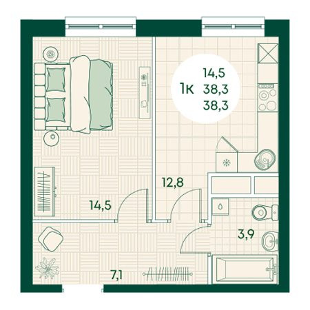 1 комнатная 38.3м²