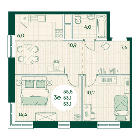 3 комнатная 53.1м²