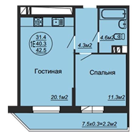 1 комнатная 42.5м²