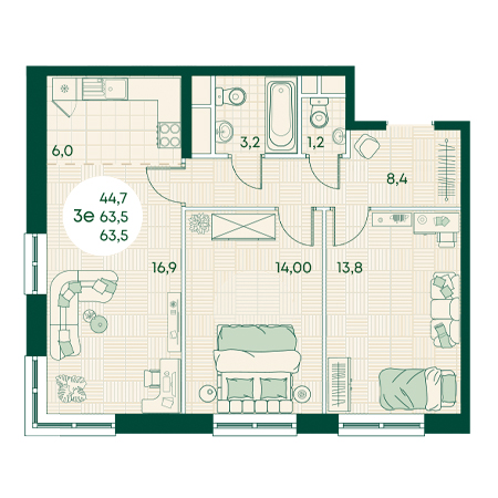 3 комнатная 63.5м²