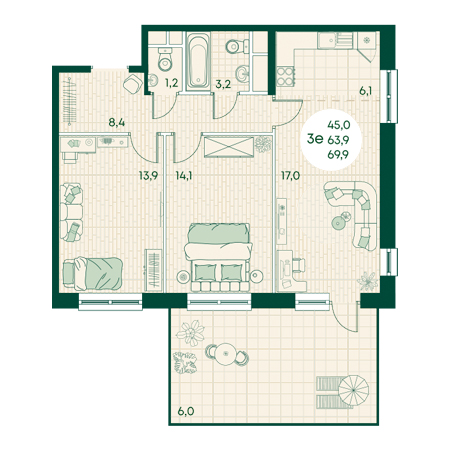 3 комнатная 69.9м²