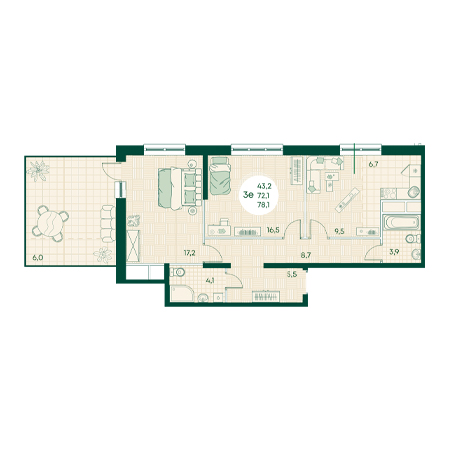 3 комнатная 78.1м²