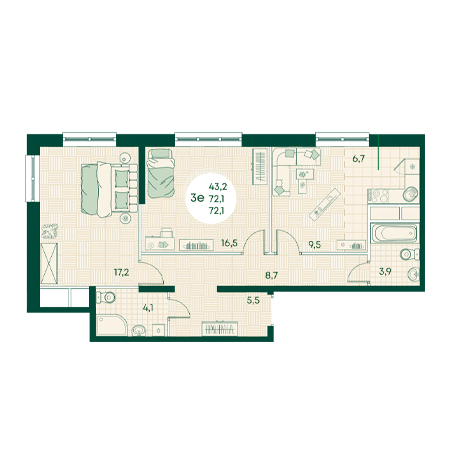 3 комнатная 72.1м²