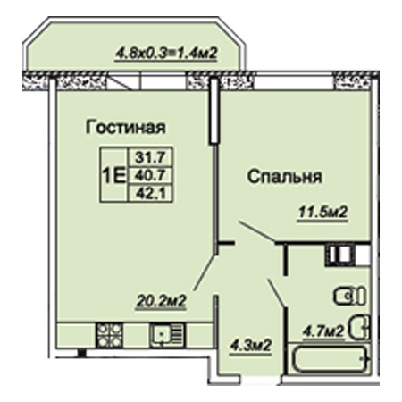 1 комнатная 42.1м²