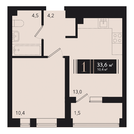 1 комнатная 33.6м²